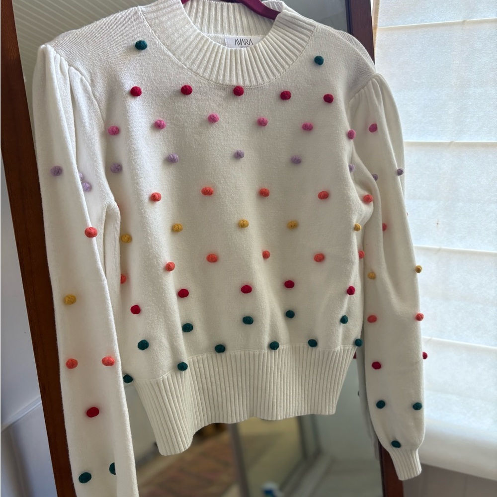 Avara Cream Rainbow Polkadot Pom-Pom Spring Sweater size M